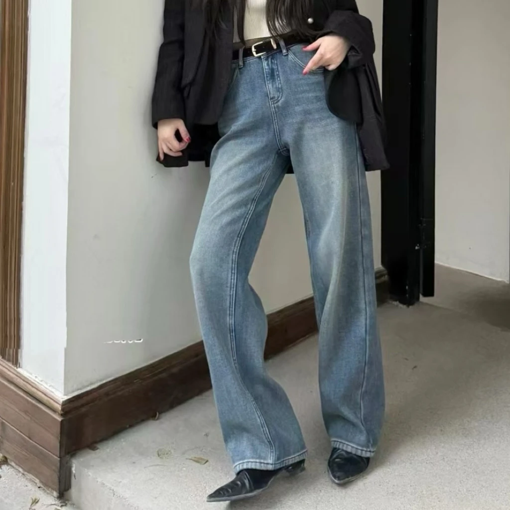 【玫瑰缘】欧货加绒新款百搭显瘦时尚网红气质休闲水洗保暖小直筒裤