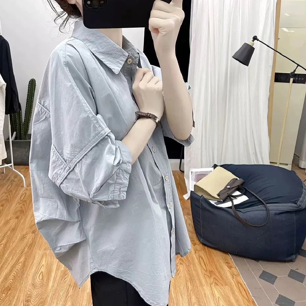 休闲宽松蝙蝠袖短袖衬衫女春夏季时尚洋气小衫棉质灯笼袖外套上衣
