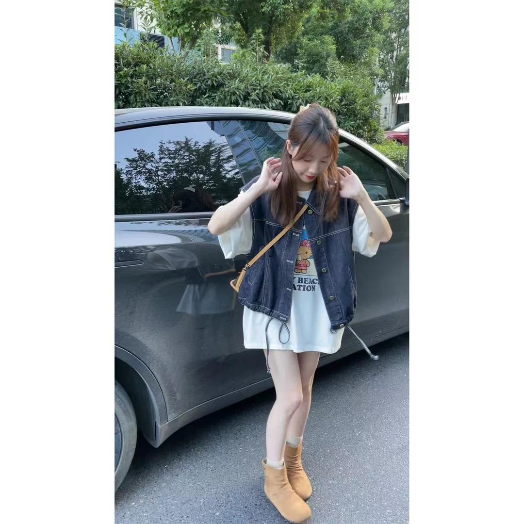 Qiong自留款！早秋款设计感复古水洗蓝韩版宽松叠穿坎肩牛仔马甲