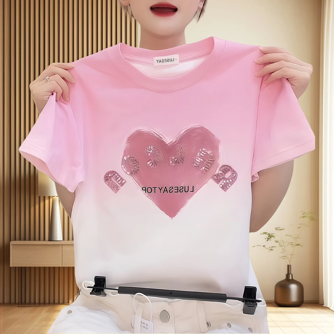 文艺休闲渐变色短袖T恤女2025夏季新款减龄休闲爱心亮片漂亮上衣