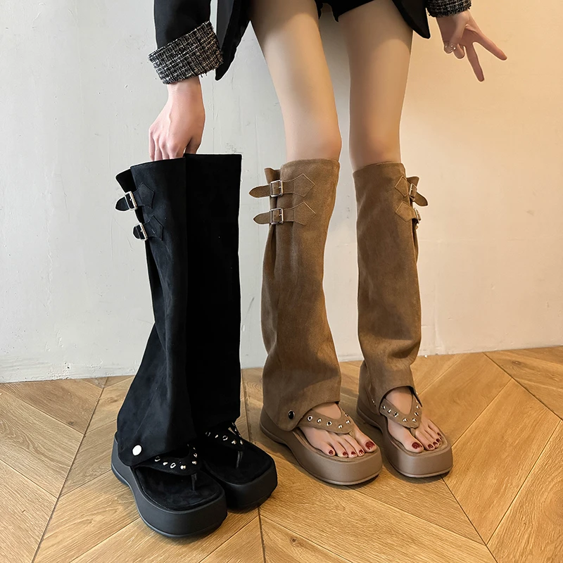 暮秋秋两穿罗马凉靴女2025年夏季厚底增高人字拖裤管堆堆镂空长靴