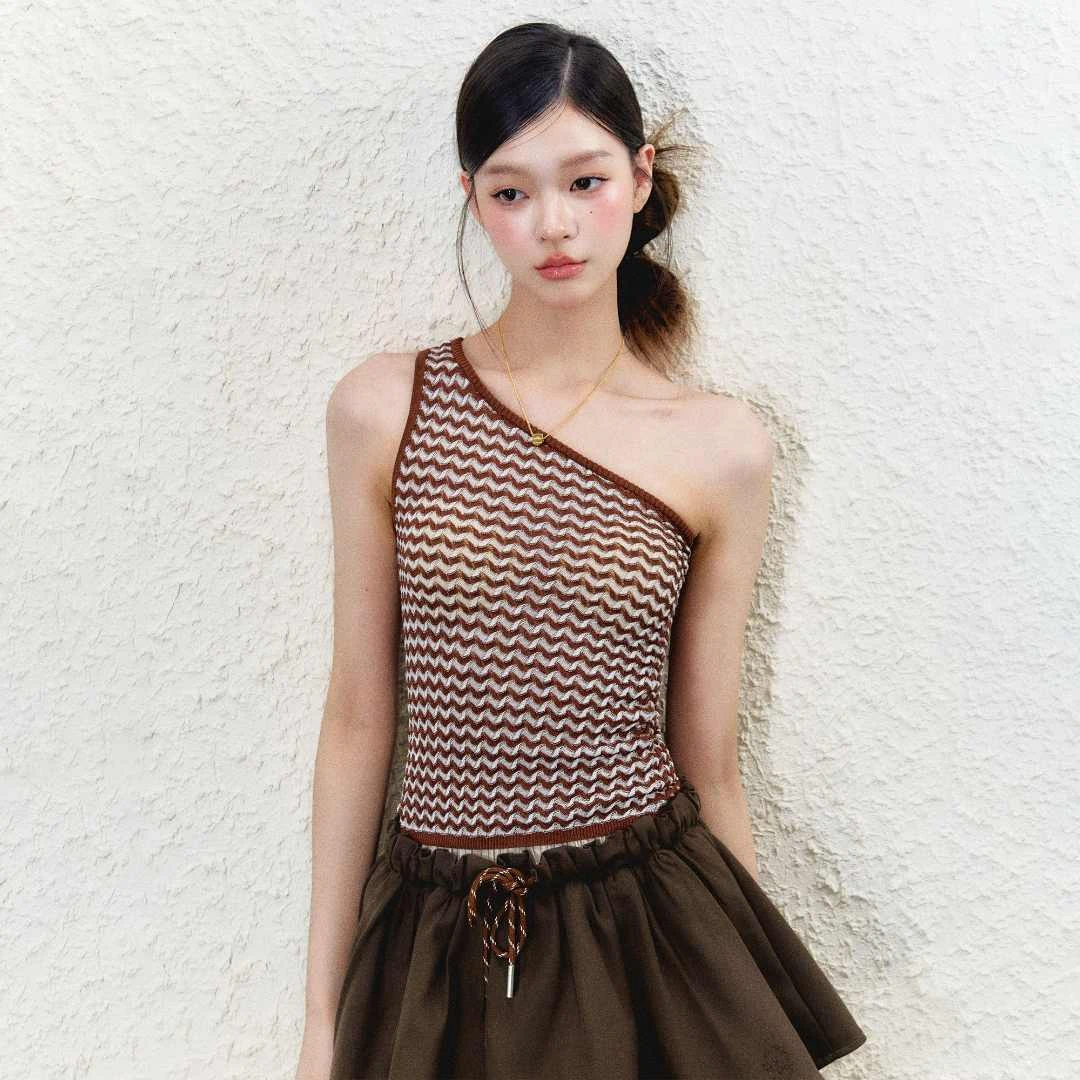 MMMOUND 设计感针织斜肩吊带背心女夏季新款修身上衣