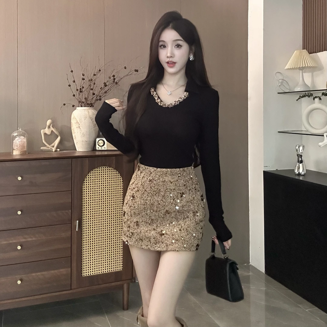 呜呜定制 秋冬设计感翻领长袖上衣 6586