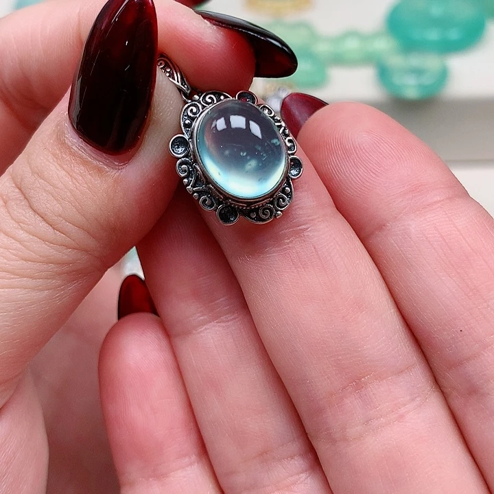 蛇纹石玉吊坠银S925镶嵌