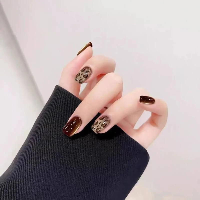 美拉德豹纹手工穿戴甲猫眼假指甲美甲贴片秋冬款咖色猫眼指甲贴