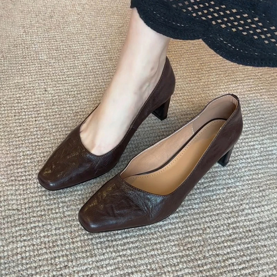 【旗舰新品】羊皮版~复古方头通勤小单鞋女真皮一脚蹬时尚简约休