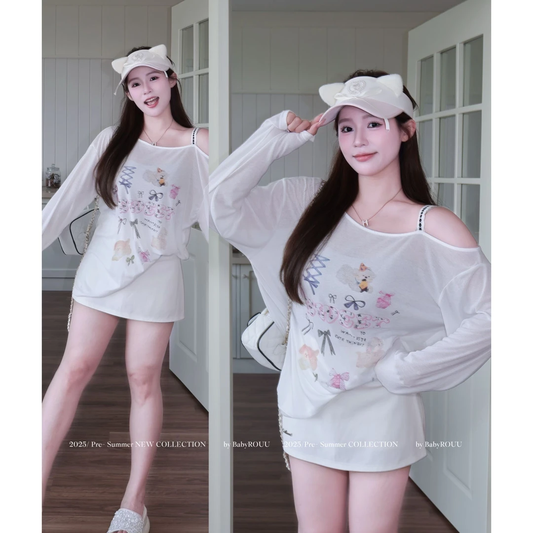 【甜柚冰沙】温与柔卡通萌趣亲肤顺滑微宽松版型显瘦露肩上衣