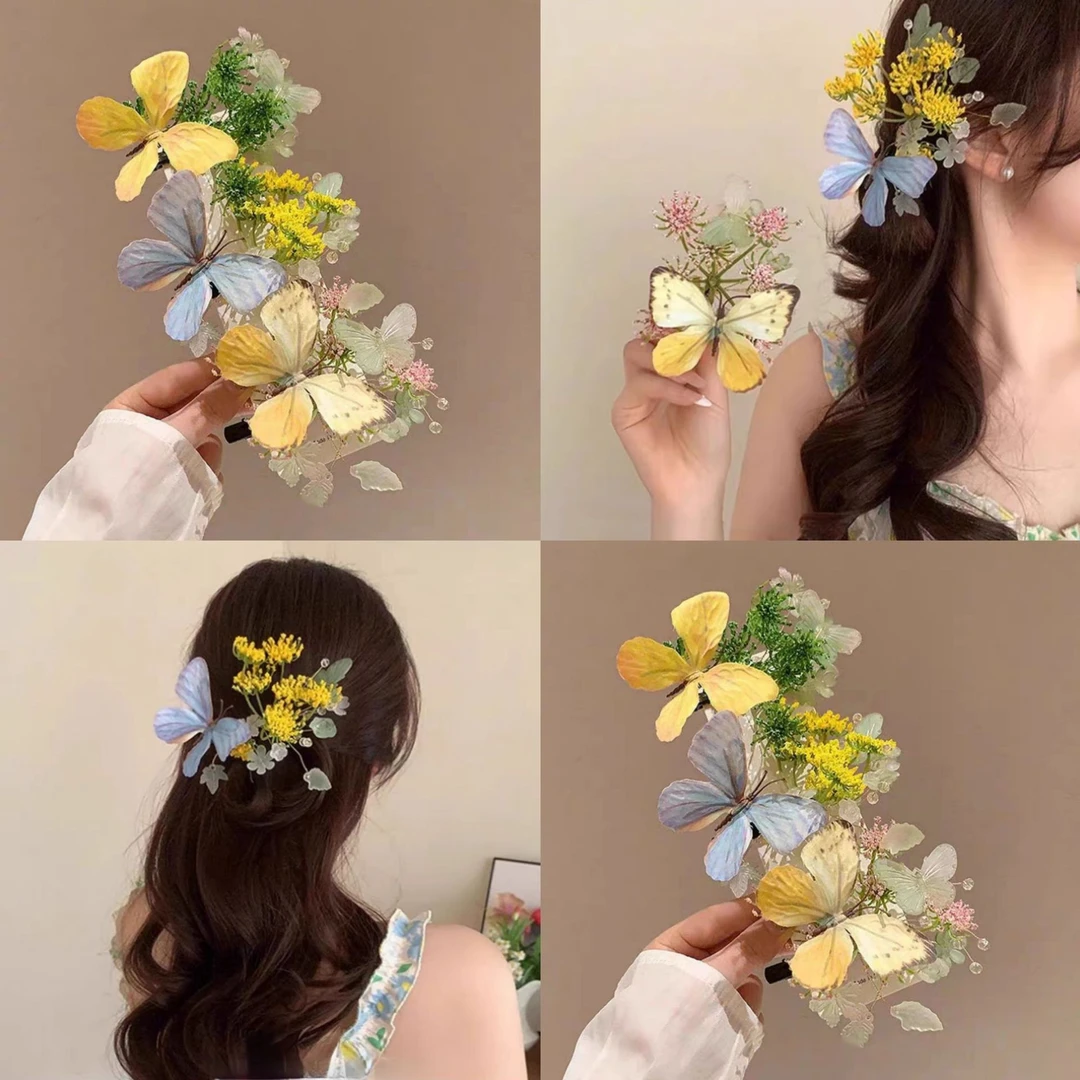 精致蝴蝶花朵发夹氛围感发夹唯美蝶恋花发夹汉服花枝配饰侧边夹