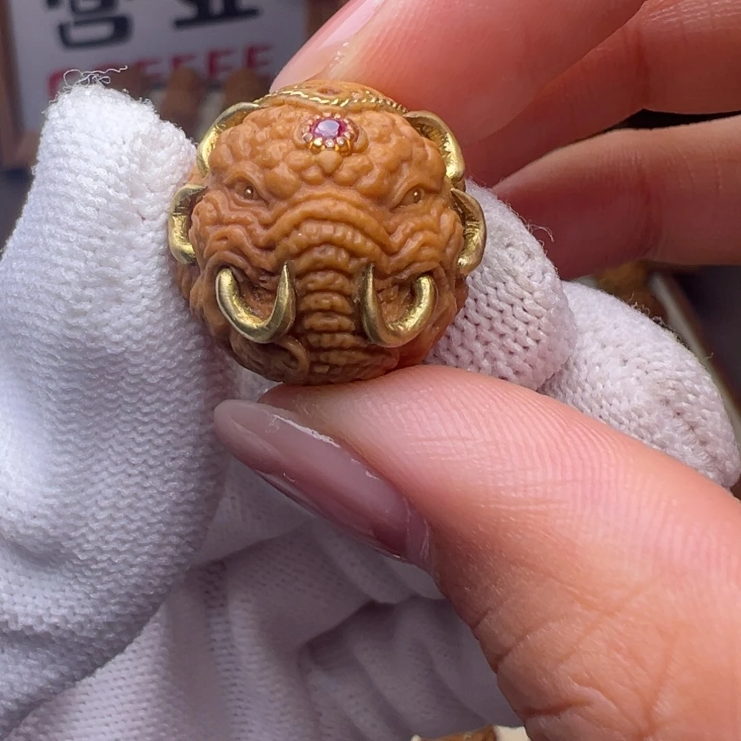 把件猴头核桃镶嵌款象神唐狮全品有正常封口线
