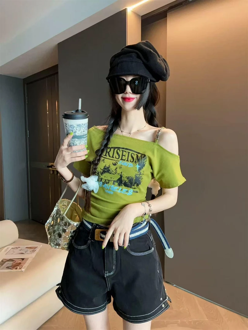 2025新款夏季抹胸露肩字母透气百搭T恤褶皱显瘦印花短袖短款上衣