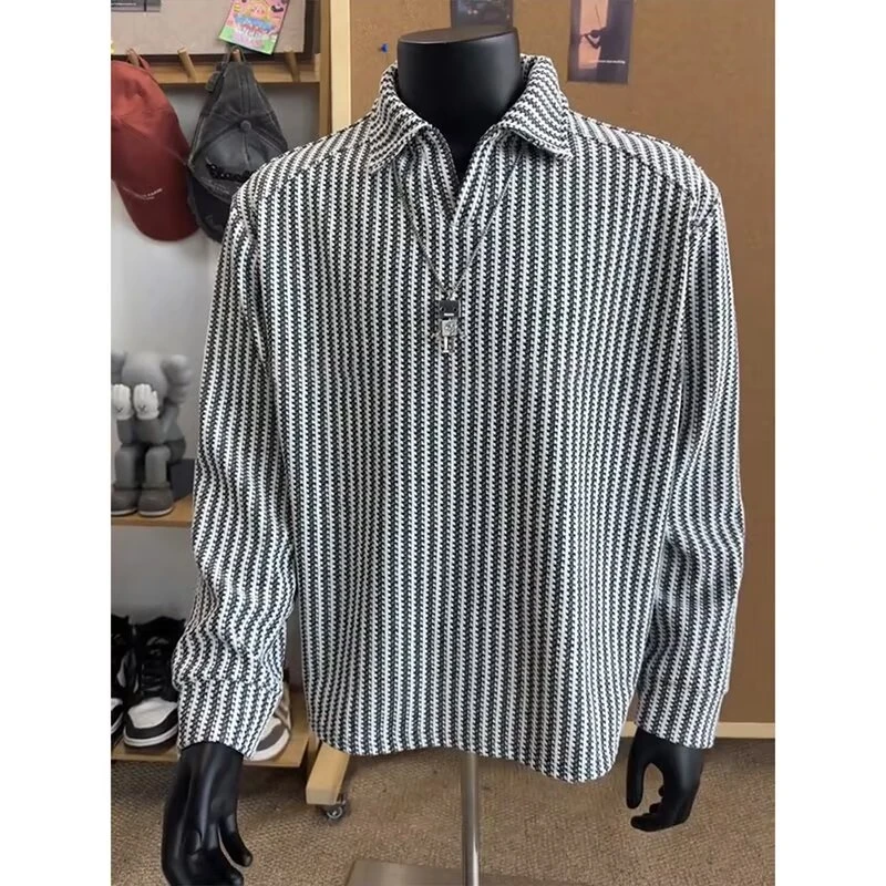 鱼骨纹V领POLO衫卫衣男美式重磅松弛感条纹长袖秋季新款t恤打底衫