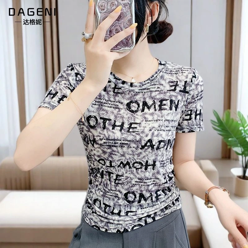 圆领网纱印花上衣女士短袖T恤夏季2025新款洋气蕾丝小衫半袖纱衣