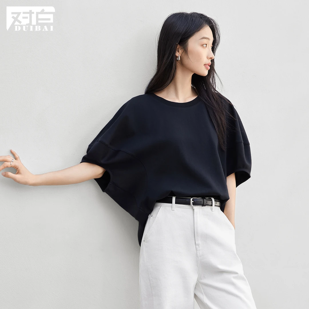 【女装优选WL】对白宽松T恤女2025夏款慵懒松弛感灯笼袖上衣FDT043