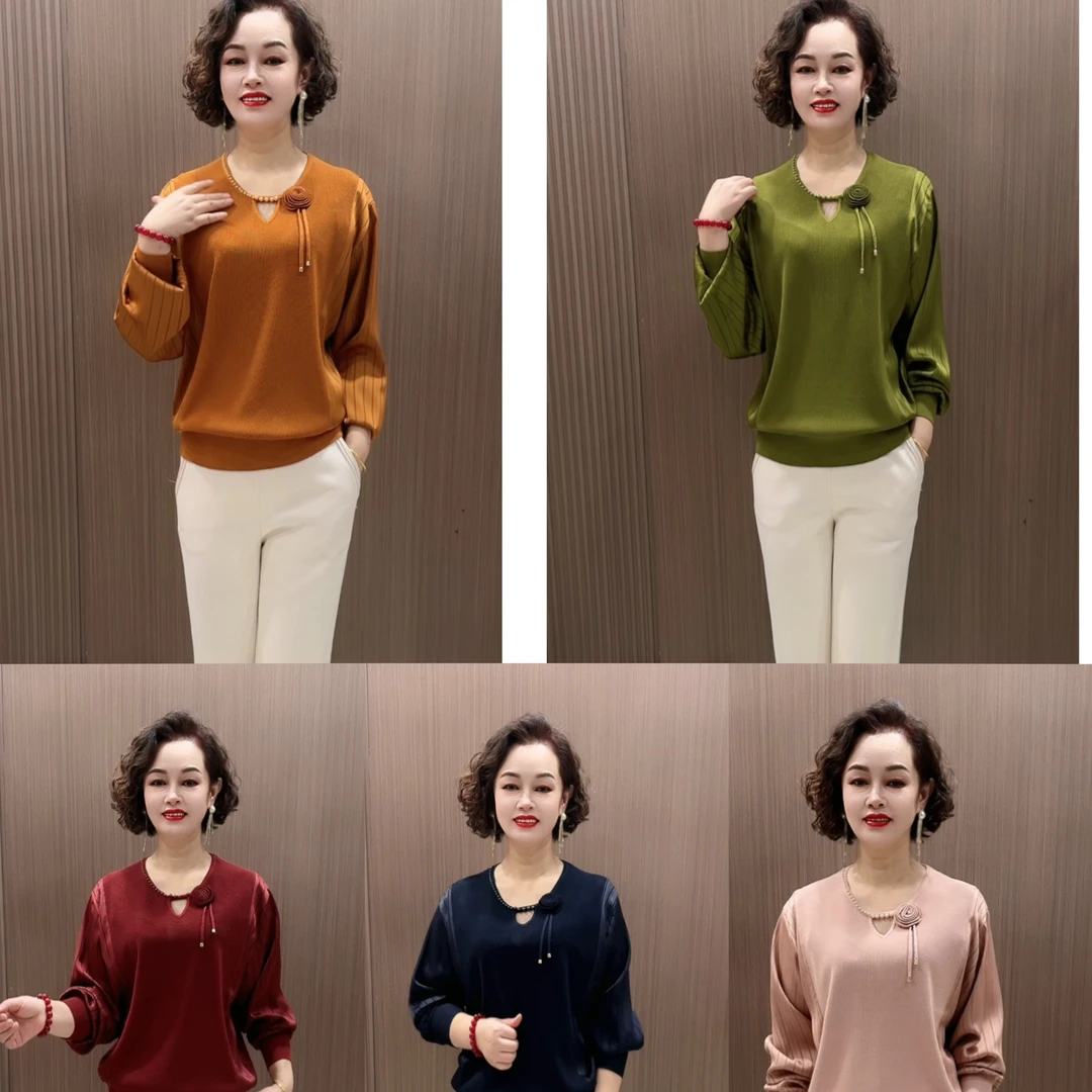 Xe秋冬新款中年妈妈圆领立体花针织衫宽松遮肚显瘦洋气减龄上衣