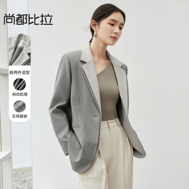 通勤撞色双层翻领门襟一粒扣字母刺绣对称唇袋宽松西装外套56220
