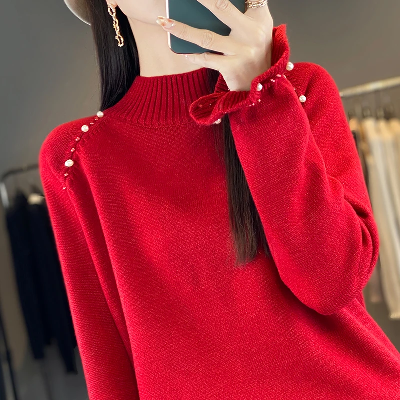 大码女装春秋洋气时髦打底衫女显瘦半高领针织衫内搭秋冬红色毛衣