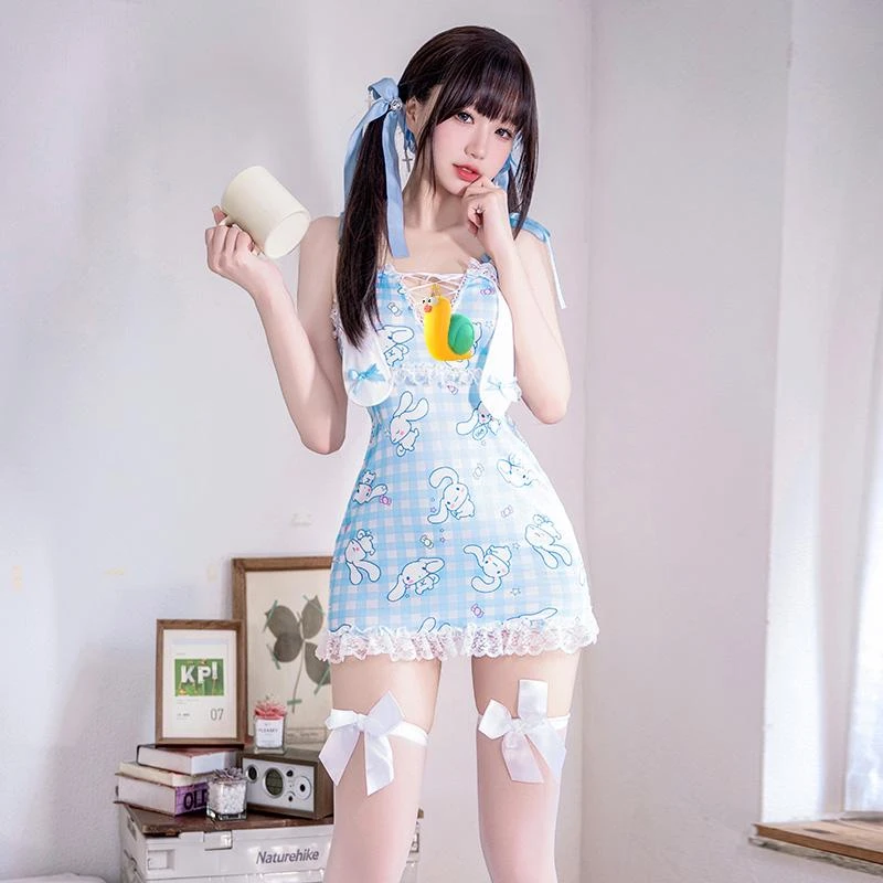 【邻家小妹】玉桂狗印花格纹蕾丝睡裙洛丽塔甜美