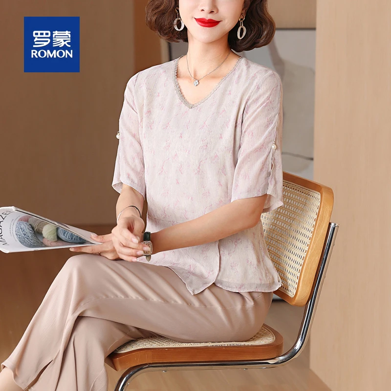 罗蒙年轻妈妈夏装短袖套装洋气新款中年女夏季T恤上衣高档两件套