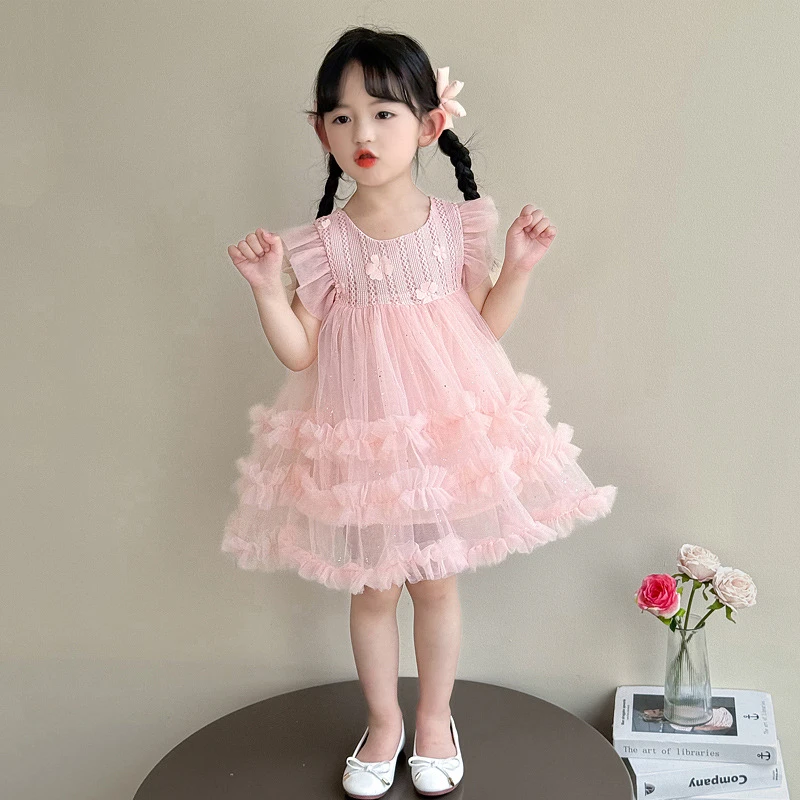 女小童连衣裙夏装2025新款洋气儿童飞袖公主裙夏季女宝宝网纱裙子