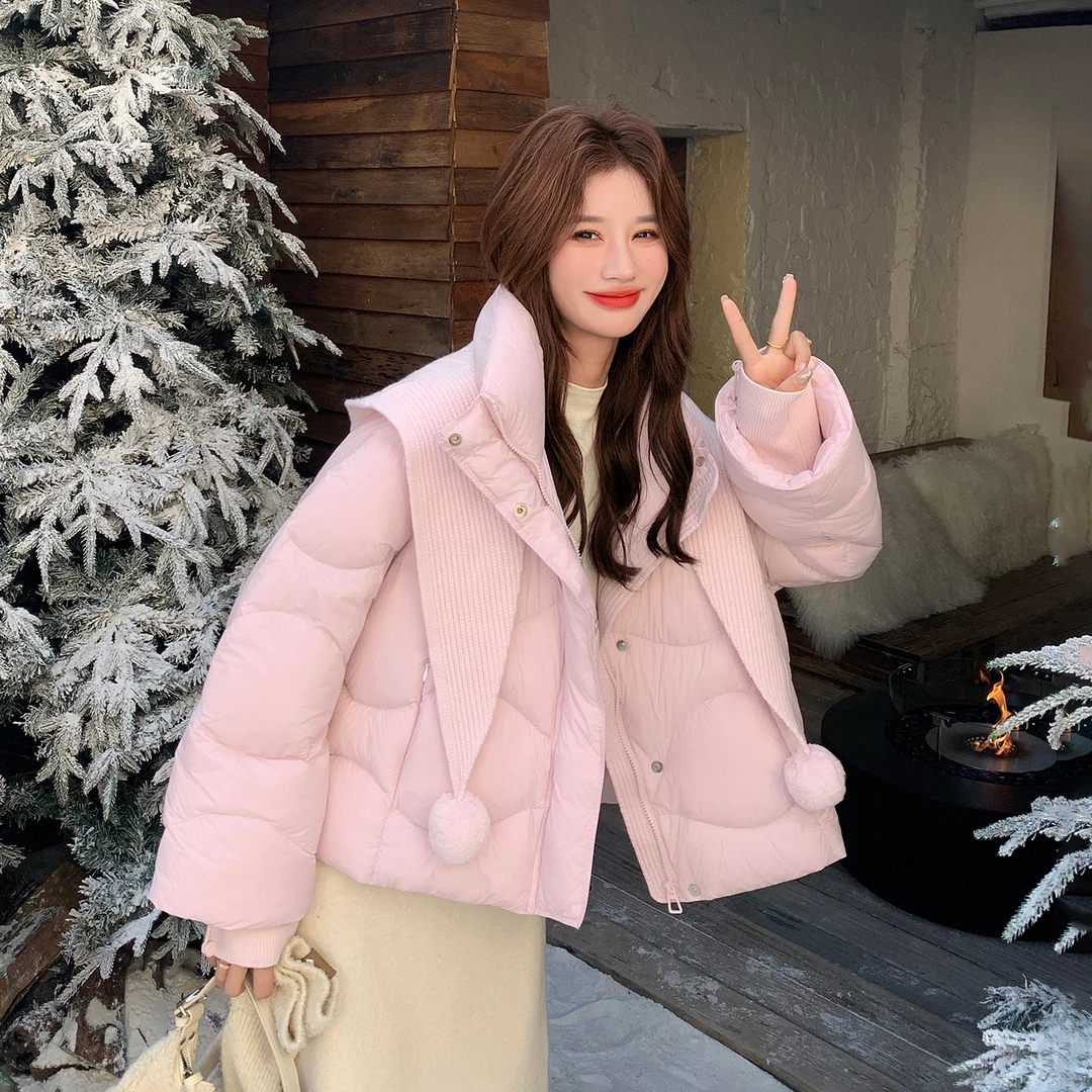 粉色可爱风针织连帽韩版羽绒服女2025新款冬季漂亮温柔面包服外套