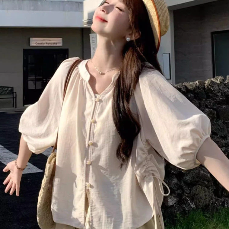 法式甜美抽绳褶皱灯笼袖衬衫女2025夏季新款大码宽松百搭短袖上衣