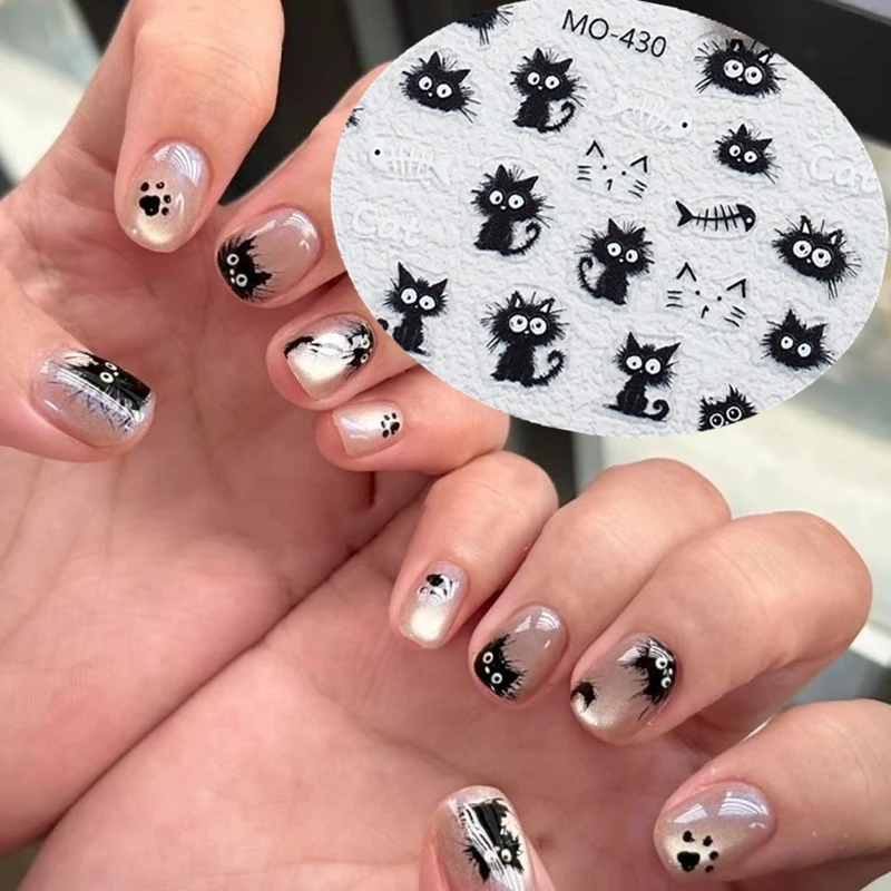 美甲贴花爆款潦草炸毛小猫美甲背胶贴纸黑白可爱小猫ins薄韧装饰