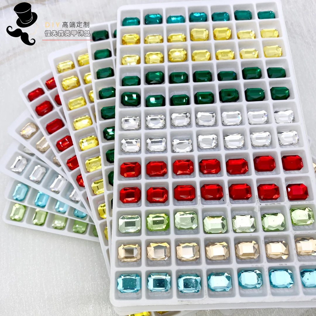 爆款金黄祖母绿6*8长方八角K9美甲钻平底钻DYI指甲手机配饰本甲钻