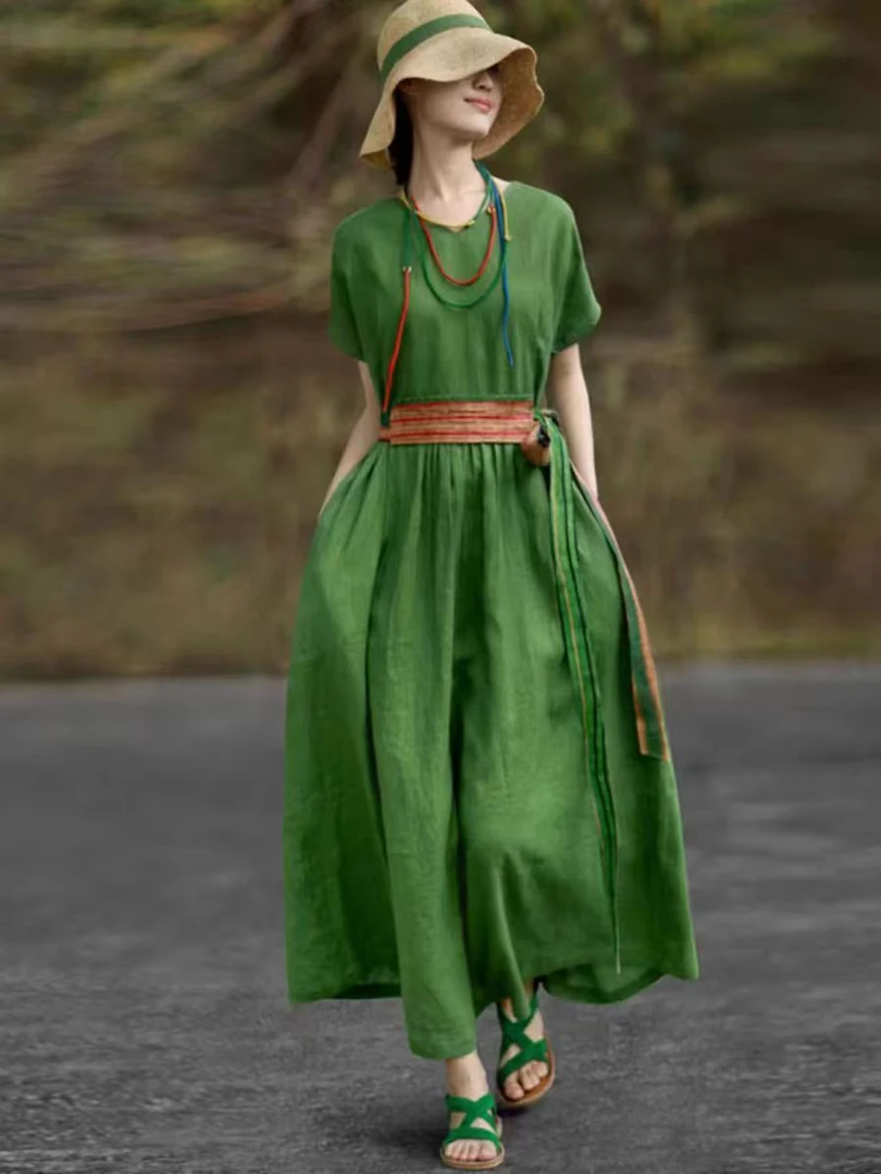 民族风棉麻连衣裙女2025夏季新款宽松收腰显瘦复古文艺气质长裙子