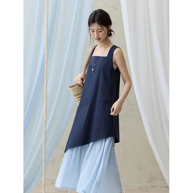 谜秀新品氧气感蓝色连衣裙女2025夏季度假风拼接假两件背心裙显瘦