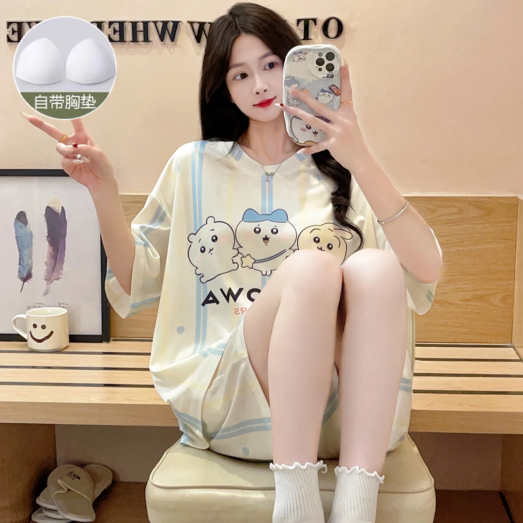 带胸垫夏季新款睡衣女短袖甜美宽松女士冰丝螺纹睡衣可外穿家居服