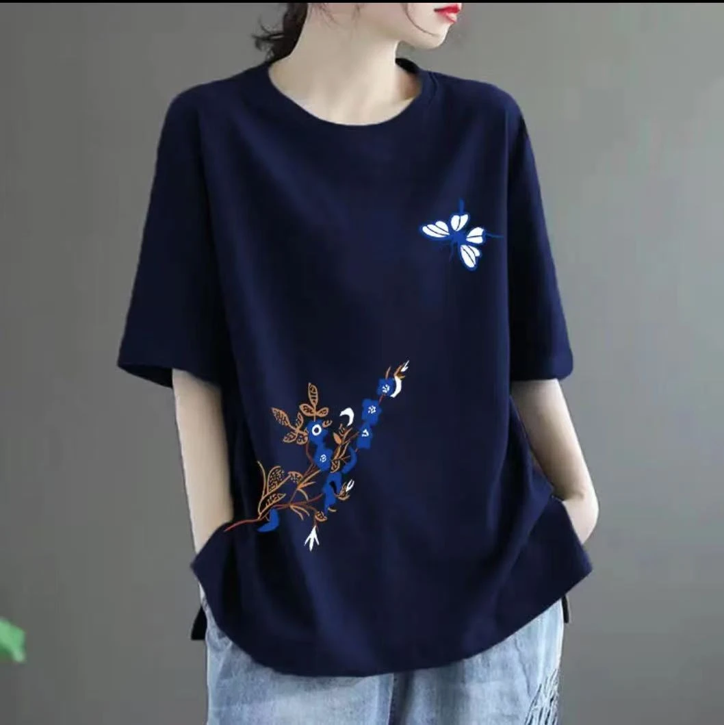 100%棉短袖T恤女夏季大码女装百搭宽松纯色半袖上衣ins