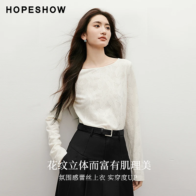 红袖2025秋季新款女装 肌理感一字领套头修身蕾丝上衣90125520204