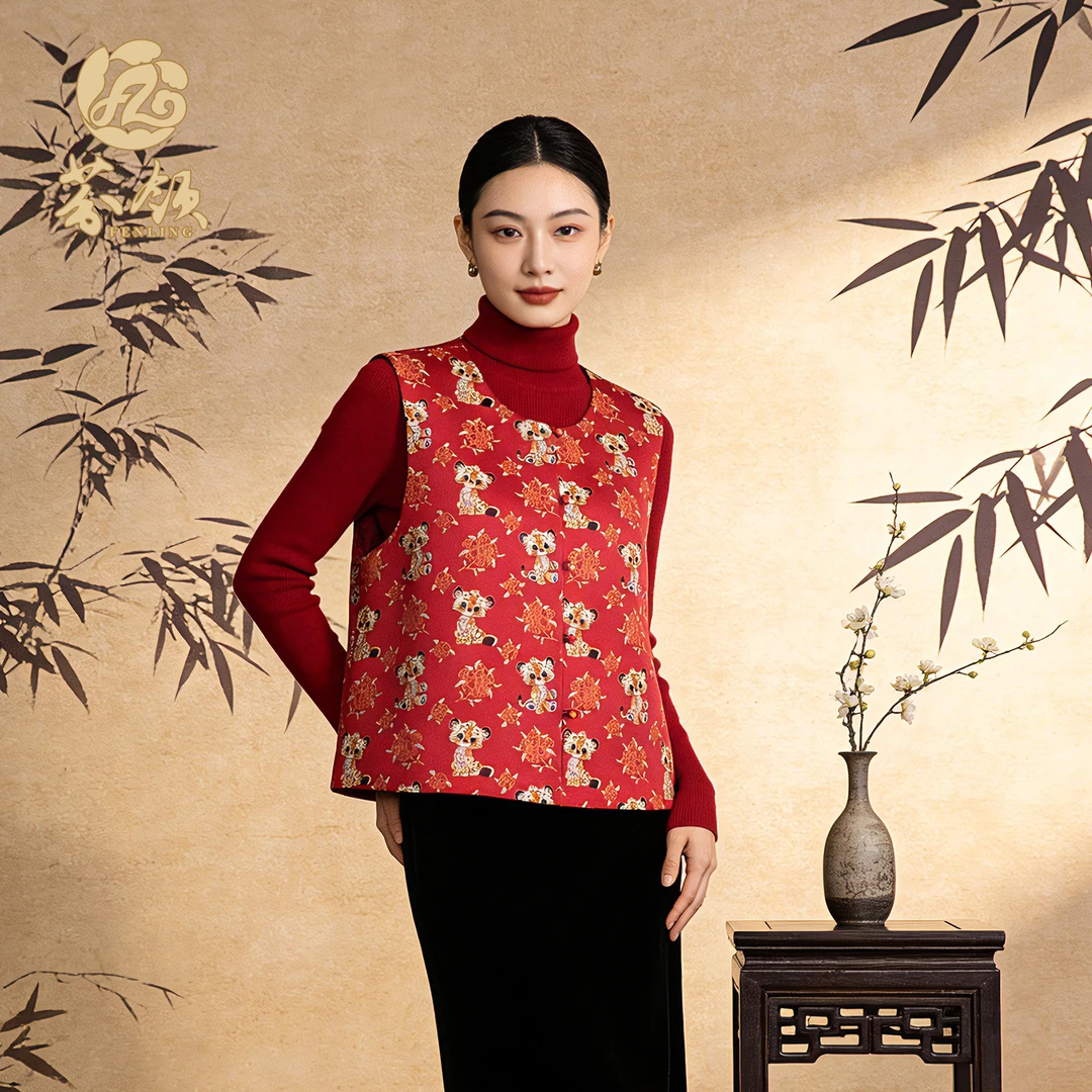 芬领-豹富-非遗桑蚕丝宋锦40姆织金国潮圆领马甲C01-25-BX2181