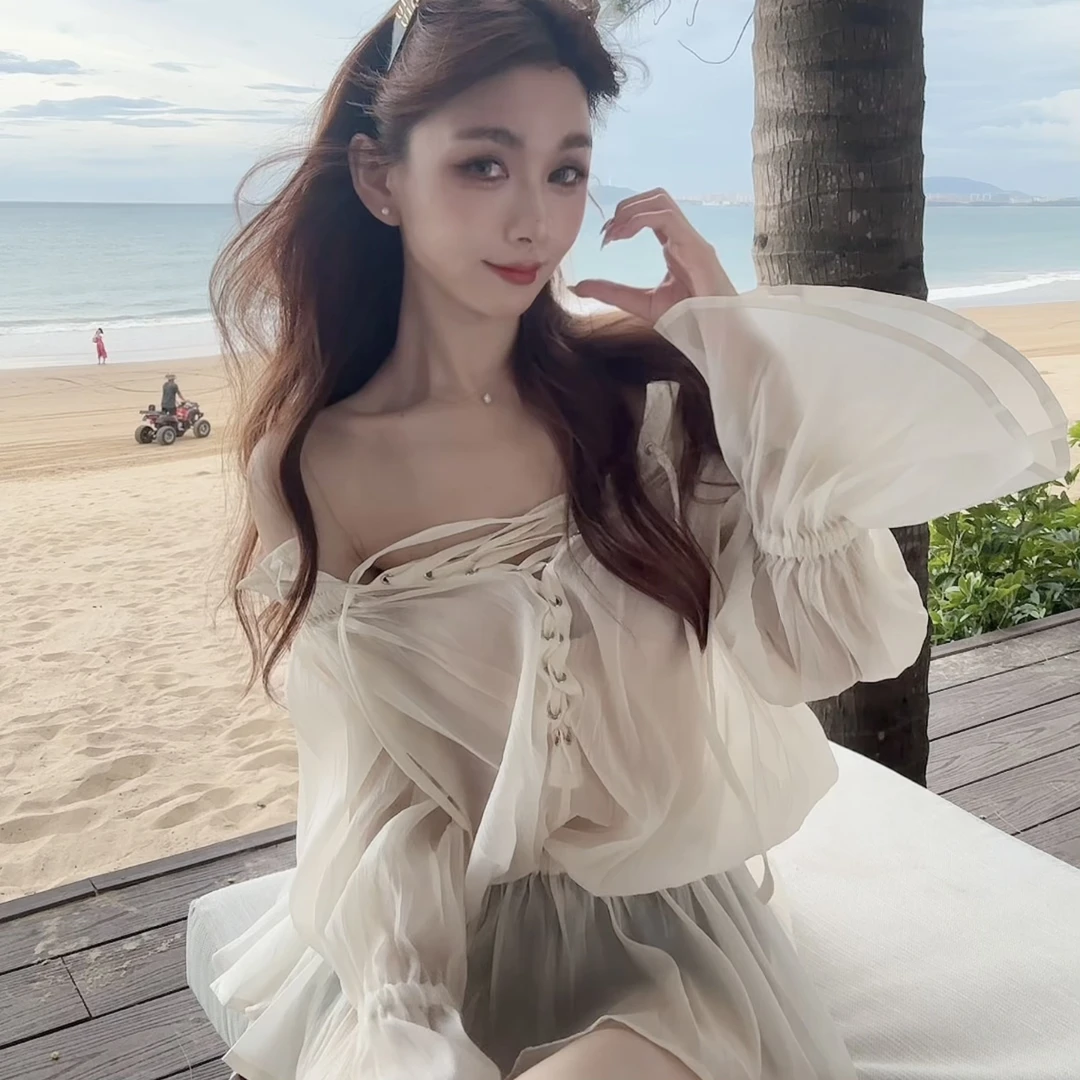 「温柔至白」早秋一字领绑带仙气飘飘设计感上衣