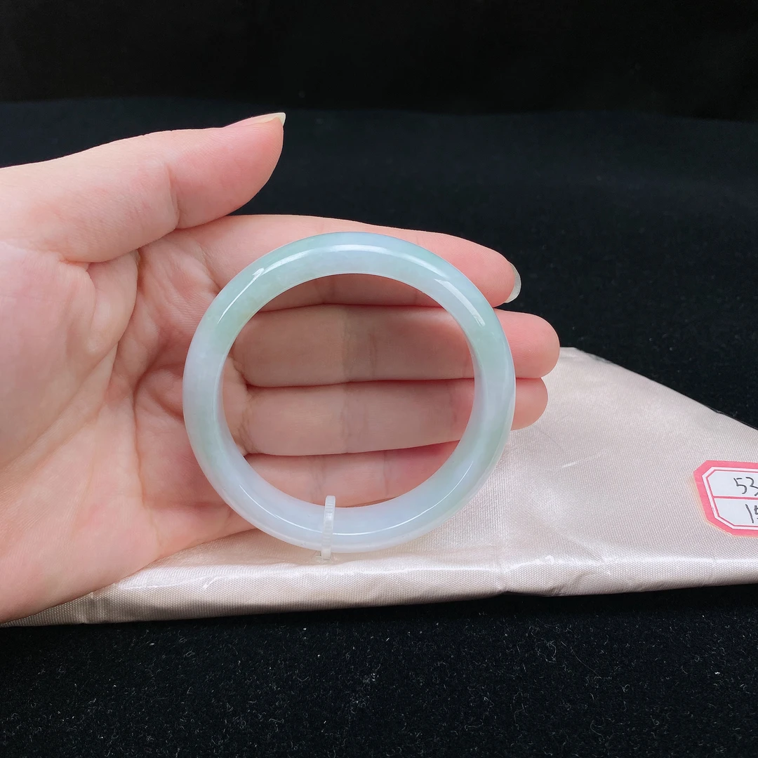 53圈口缅甸翡翠A货老坑细糯种牛奶底浅绿色正圈玉镯子正品珠宝