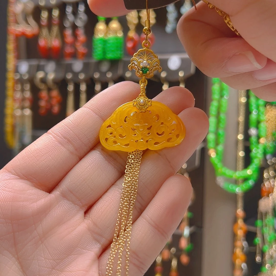 翡翠合金耳坠墨***花