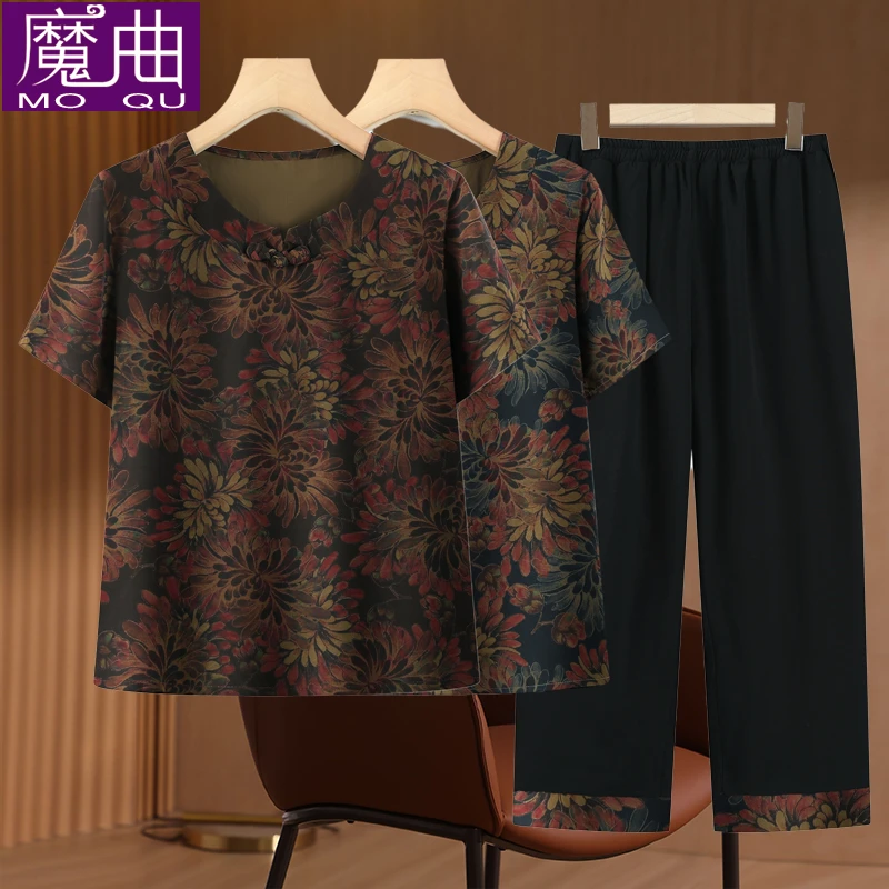 中老年女装夏季新款短袖休闲套装2025妈妈装圆领印花两件套衣服