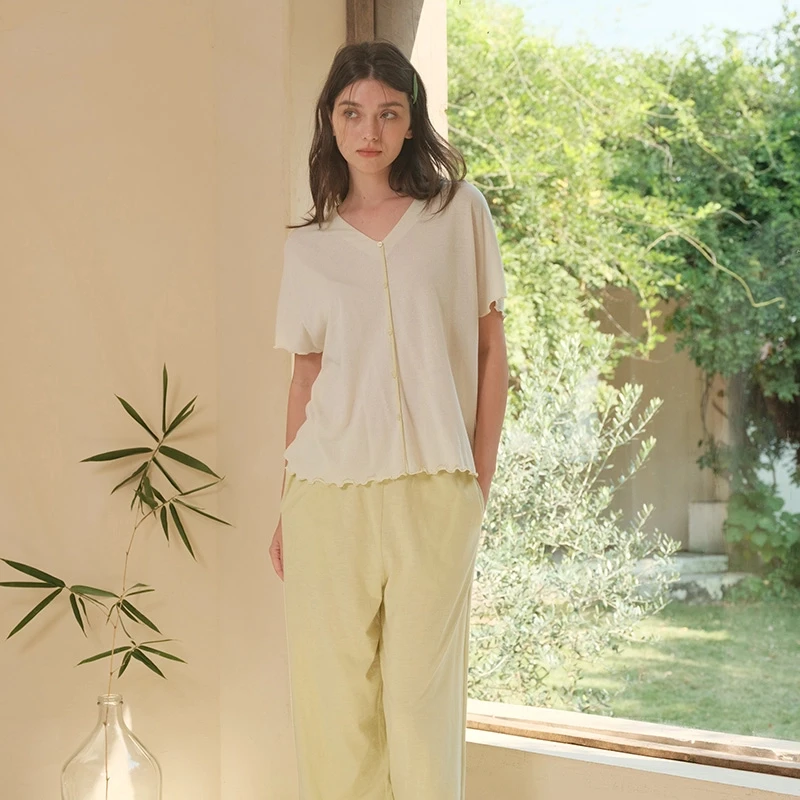 【晴菲专属】241-078朵朵可可睡衣女春夏V领短袖七分裤家居套装