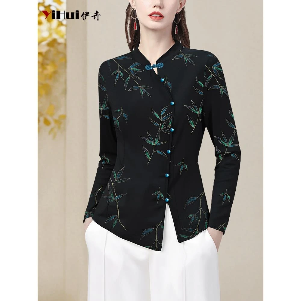 YIHUI伊卉刺绣花弹力针织女新中式国风上衣立领盘扣衬衫SI257330
