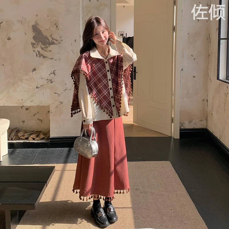 假两件流苏披肩衬衫半身裙两件式套装女2025秋季气质一整套ootd穿