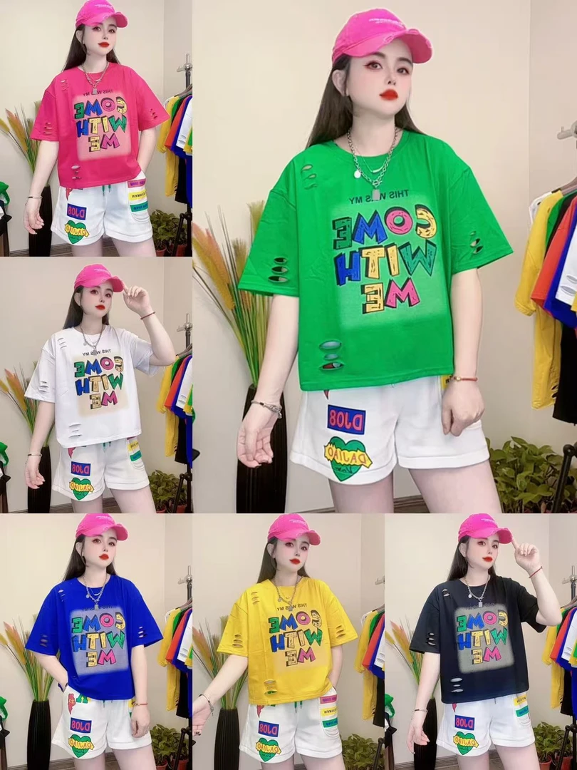 8661大椒家夏季薄款休闲时尚宽松印花个性剪破潮流女圆领T恤女