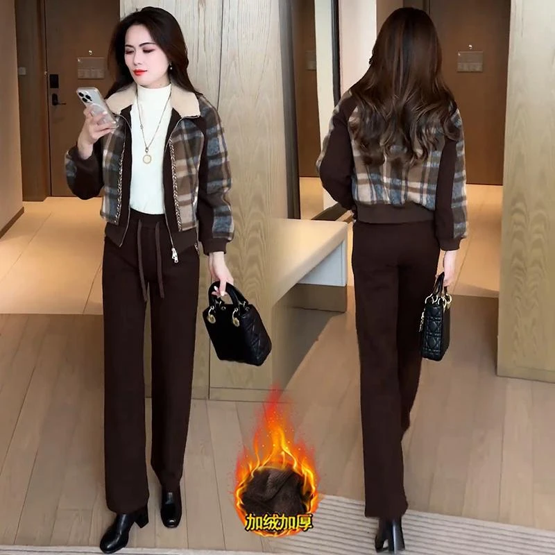 时尚加绒加厚套装女2024冬季新款洋气显瘦格子外套阔腿裤两件套潮