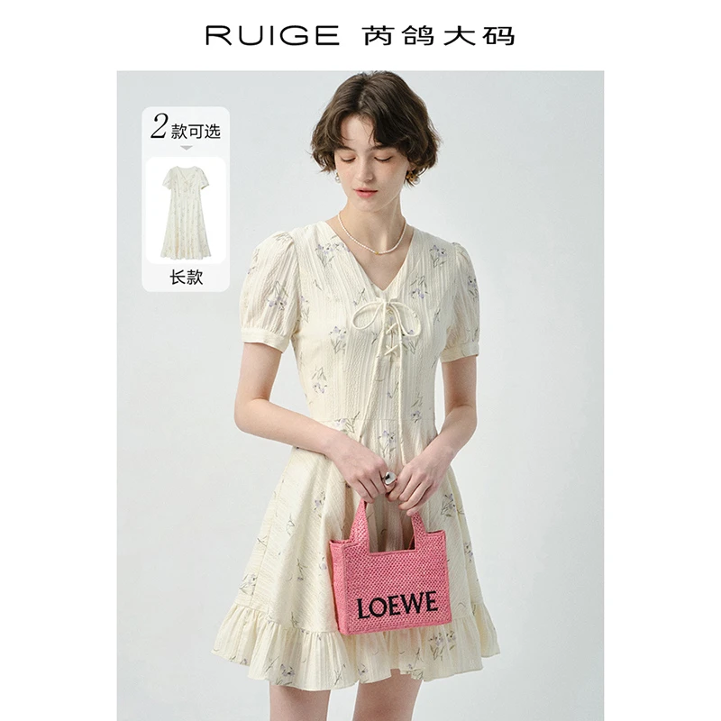 芮鸽微胖定制V领连衣裙肌理绑带印花短裙女新款夏季A字胖mm裙子