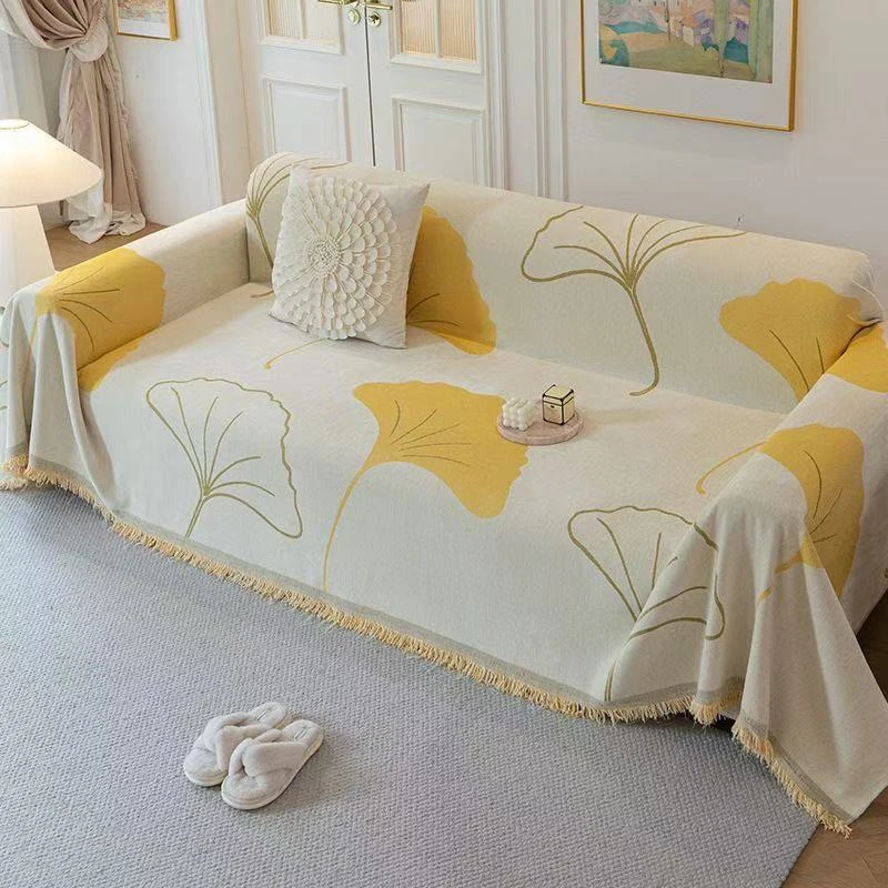 银杏叶沙发巾新款雪尼尔加厚防滑耐脏沙发垫盖巾一片式全包防猫抓