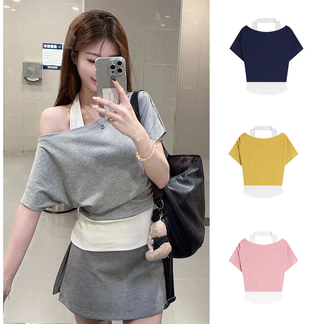 拼接挂脖假两件斜肩短袖T恤女夏新款宽松气质露肩上衣
