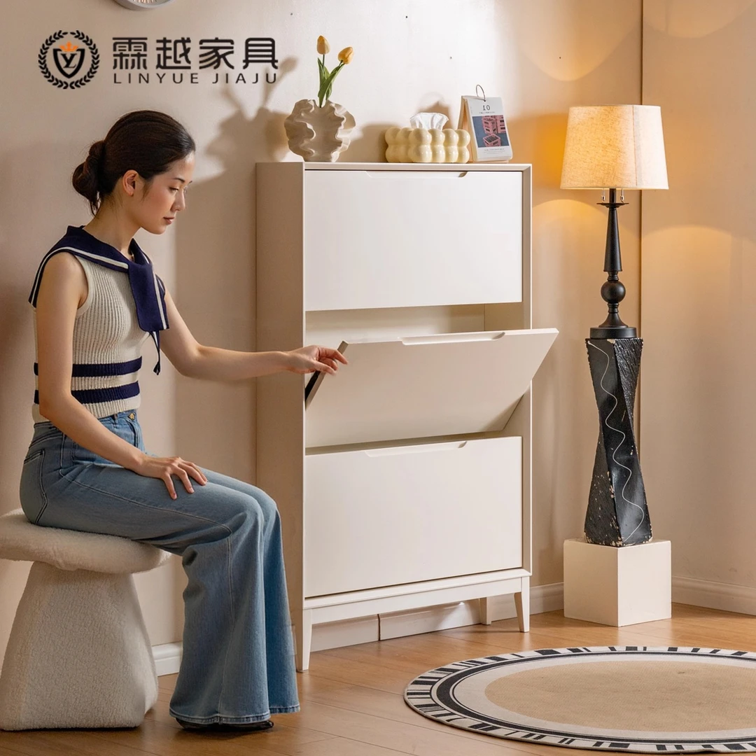 霖越实木奶油中古风超薄鞋柜家用门口极窄小户型入户收纳翻斗鞋架