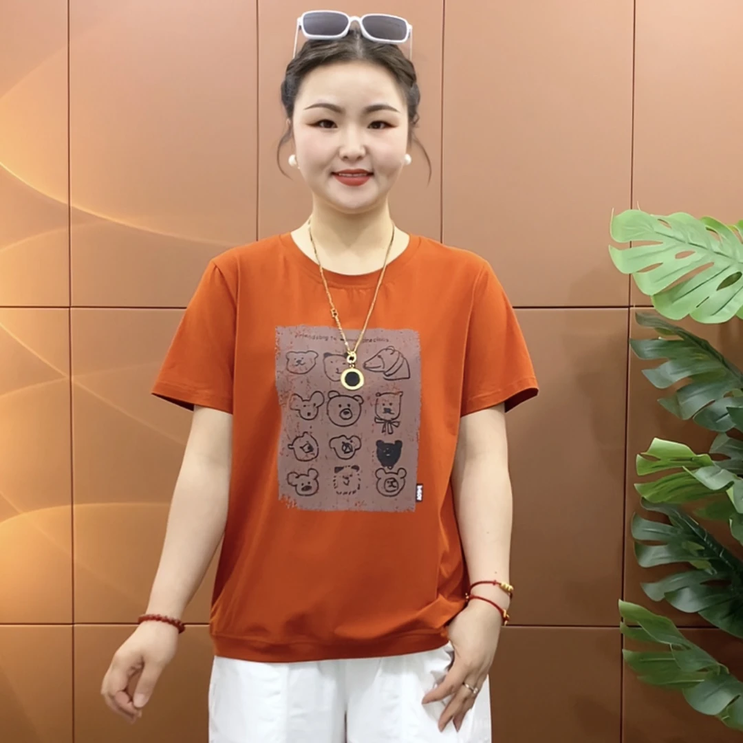 夏季大码时尚洋气显瘦宽松百搭休闲气质潮流减龄圆领印花女士半袖
