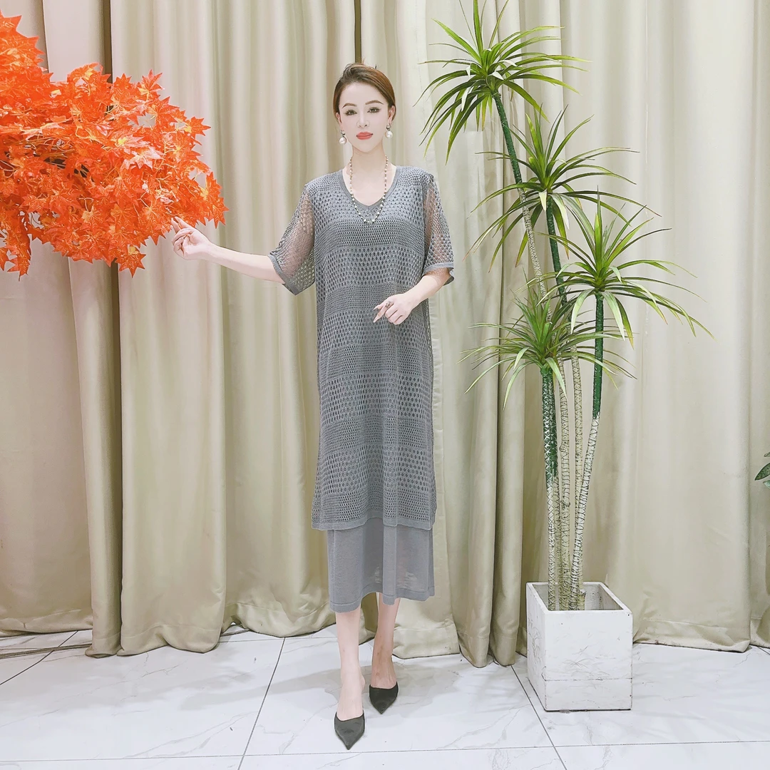 9533灰色假两件针织连衣裙收腰显瘦设计师优雅时尚轻奢气质夏季