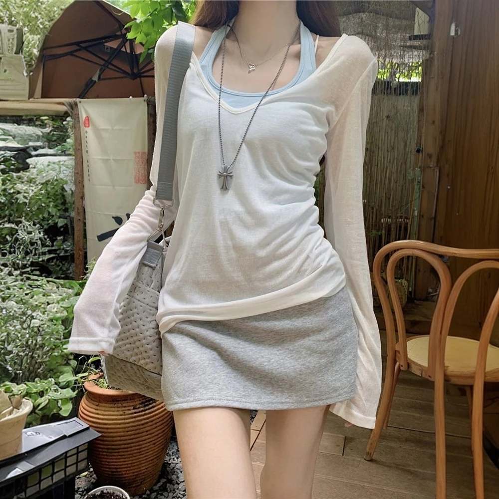 纯欲风套装V领薄款罩衫T恤女夏季小众内搭挂脖背心上衣时尚两件套