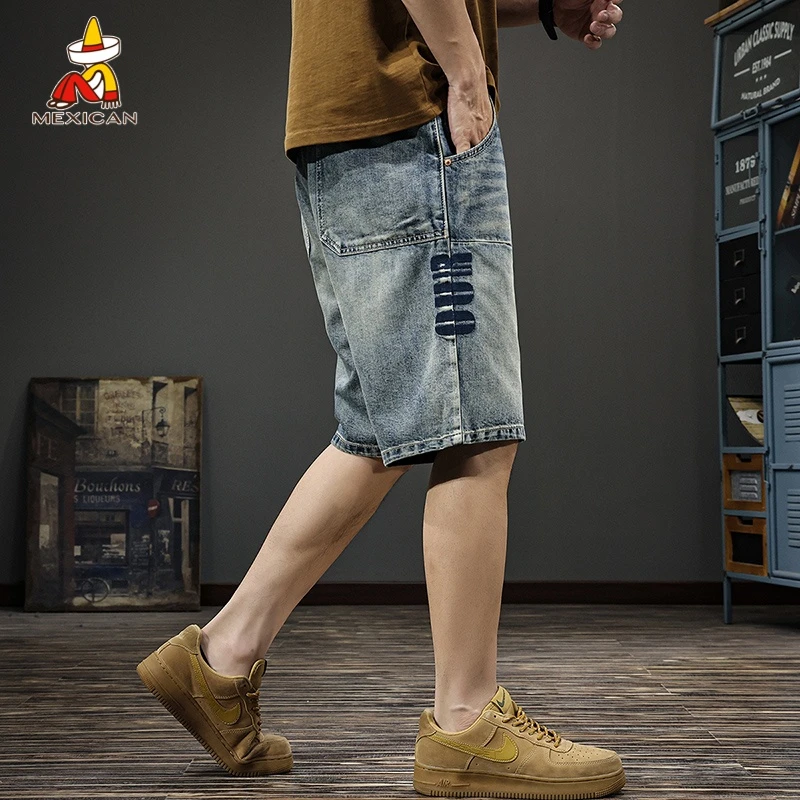 Mexican/稻草人莱赛尔牛仔短裤男夏季休闲宽松五分裤男士直筒中裤